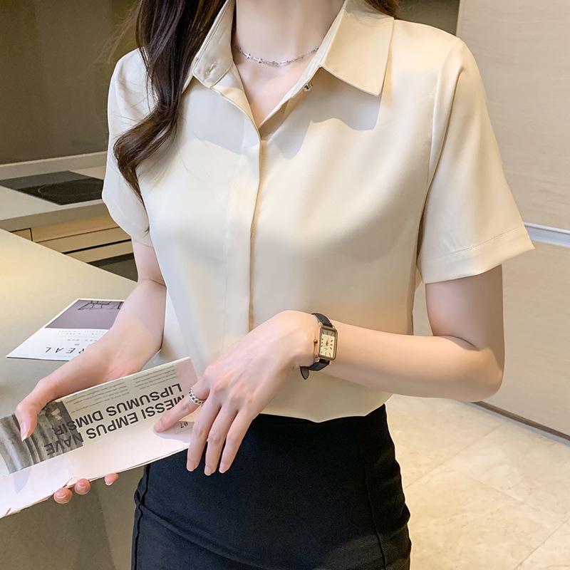 

2024 Summer Korean Silk Satin Commuter Shirt - Women s Short-Sleeve Solid Color Versatile Blouse 2XL абрикосовый