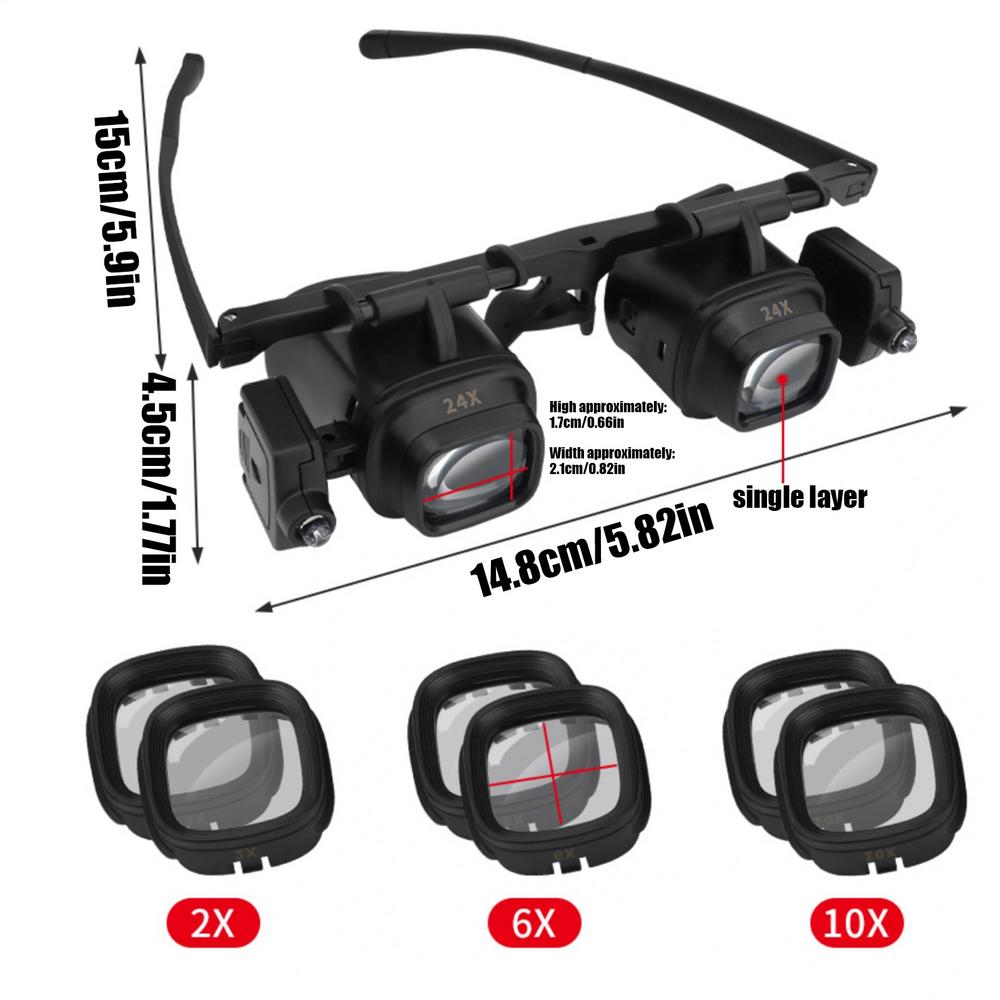 Lente d'ingrandimento da montare sulla testa 2x/6X/8X/12X/24X Lente d'ingrandimento con fascia per la testa Lente d'ingrandimento per riparazione di orologi e gioielli Luci LED Lente d'ingrandimento Microscopio