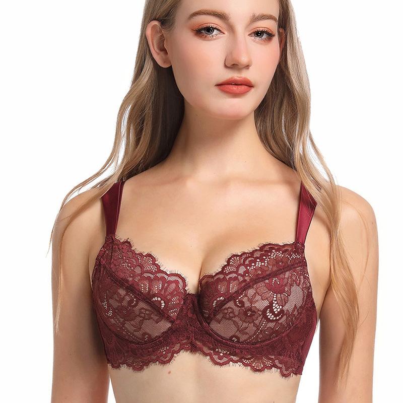 French underwear women's thin cotton eyelashes lace soft steel ring sexy underwear big chest small anti-sagging bra cover