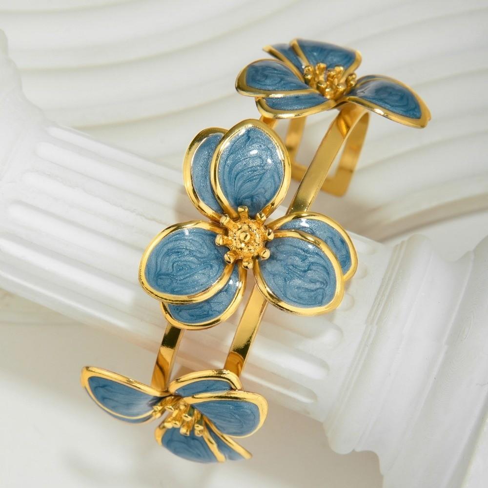 Бохо Шик Эмалированный Цветочный Браслет Элегантный Открытый Браслет-Манжета Геометрический Металлический Браслет Праздники синий