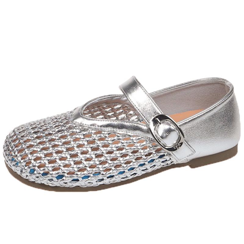 Hollow Fishing Net Crocheted One-word Strap Single Shoes Women's 2025 New Round Head Flat Ballet Shoes Woven Mary Jane