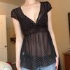 Korean Style Sheer Polka Dot V-Neck Mesh Top with Waist-Cinching Short Sleeves