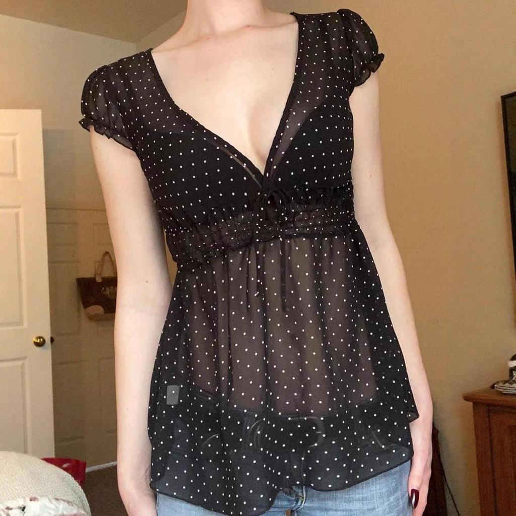 Korean Style Sheer Polka Dot V-Neck Mesh Top with Waist-Cinching Short Sleeves