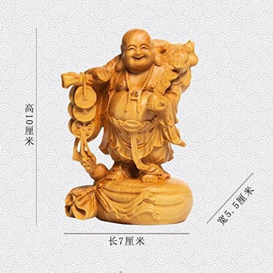 Holzschnitzerei Hotei Buddha Figur von einem der Sieben Glücksgötter 10cm Amulett für Glück und Hochwertiges Buchsbaumholz, Götter, hoch. dfjlwke. Reichtum.