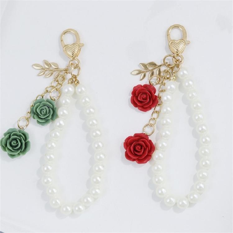 Trendige Perlenkette und Rosen-Schlüsselanhänger mit Legierungsverschluss Rostfreier Schlüsselanhänger Harzblume Schlüsselring Eleganter Taschenanhänger