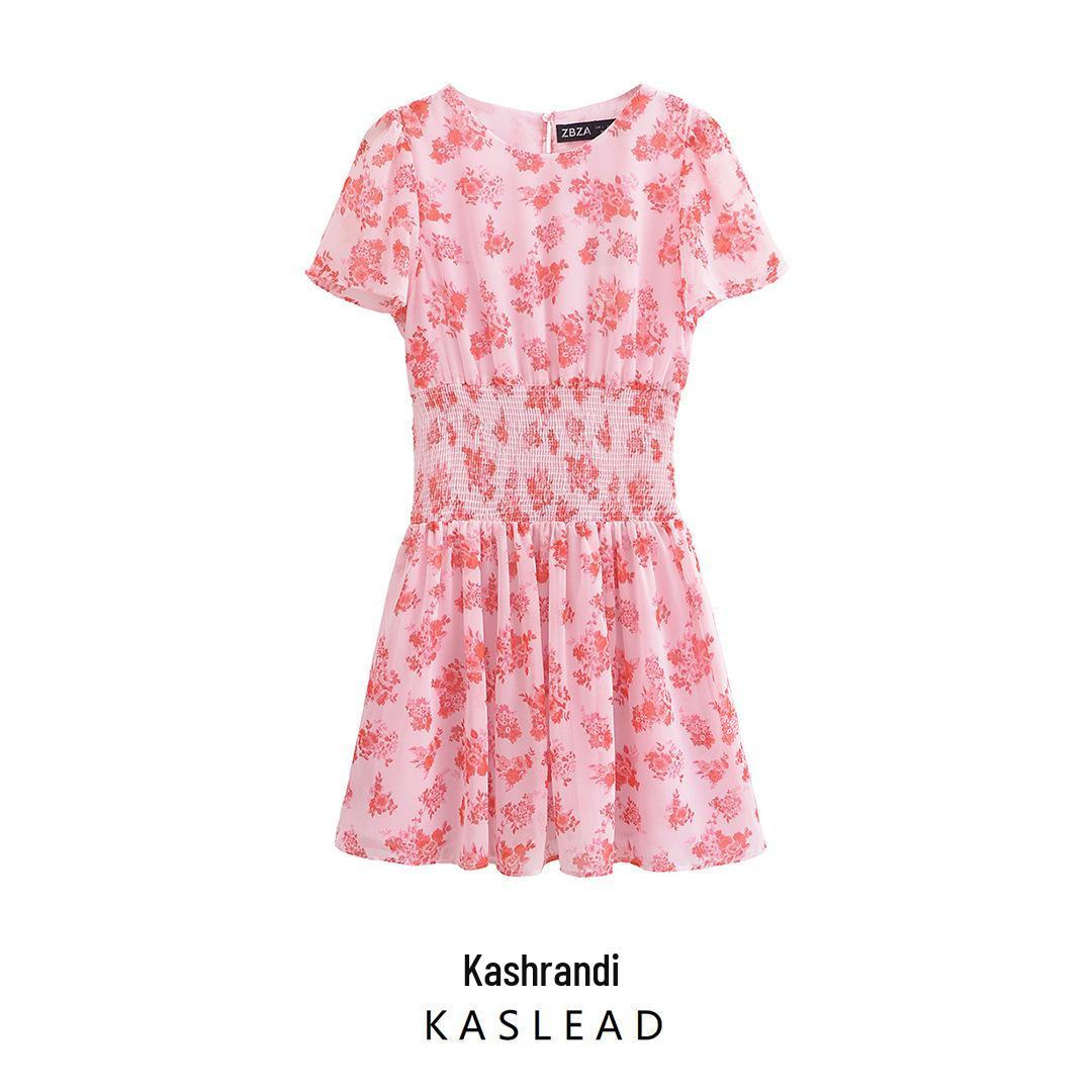 

Women s Spring 2025 Floral Print Short Sleeve Dress - European and American Casual Style L
