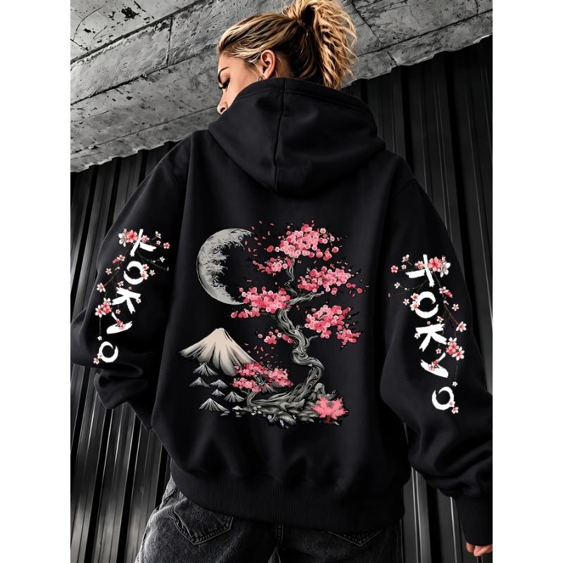 Japanese Tokyo Cherry Blossom Fuji Mountain Print Women Hoodie Loose Korean Autumn Clothes Fleece Pocket Sportswear