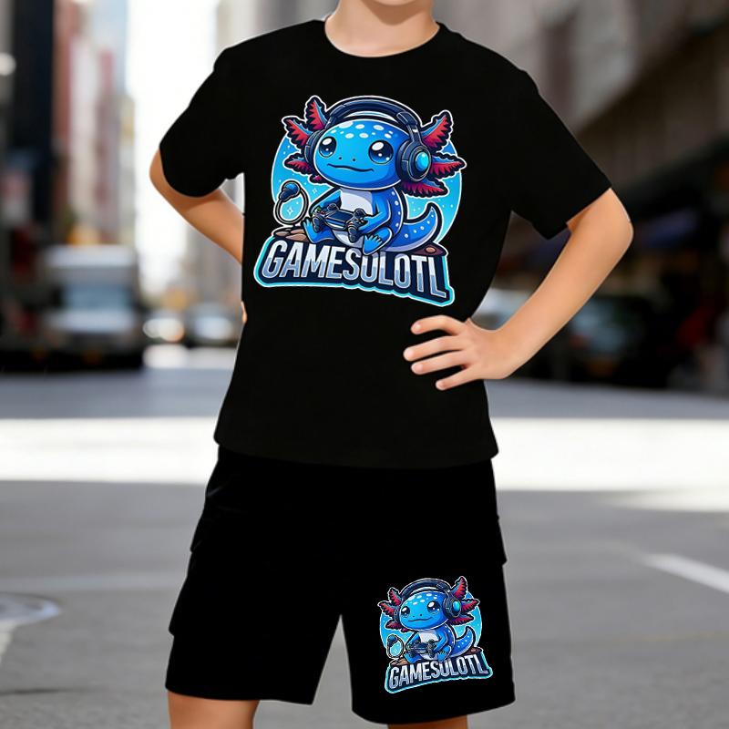

Boys 2 Piece Cute Salamander Print Outfit, Short Sleeve T-Shirt and Shorts Set for Kids Age 5-14,Black and White Sporty Casual Summer Clothes 5-6 Years чёрный