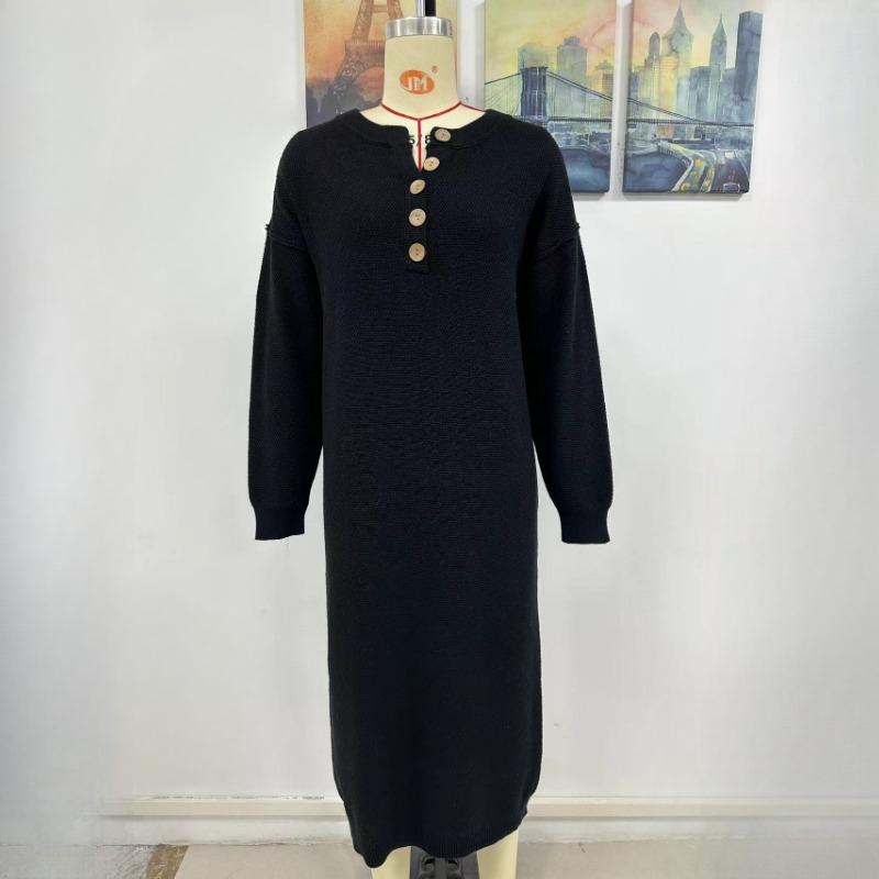 IHUASU Podzimní a zimní knoflíkové pletené šaty Módní Temperament Commuter Dámský svetr