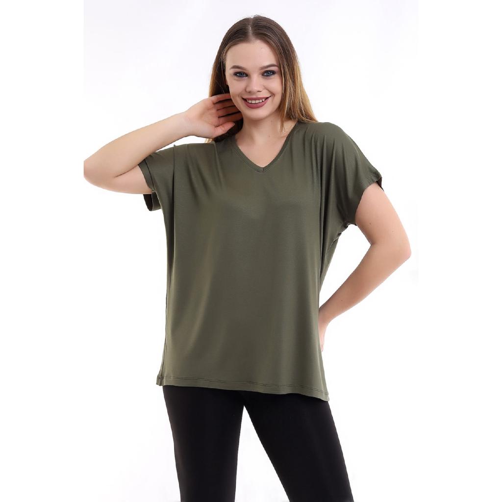 Damen Schwarzes Übergröße Basic T-Shirt mit V-Ausschnitt