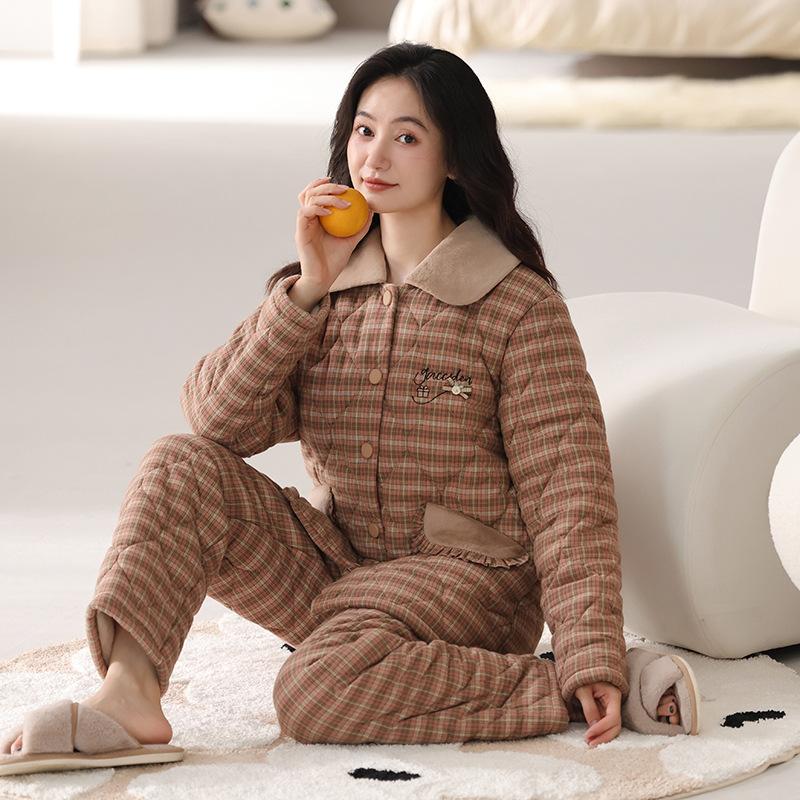 Pajamas Women'S Winter Three-Layer Thickened Velvet Woven Pure Cotton Padded Cotton Winter Padded Jacket Homewear Warm Suit