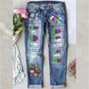 Women's Mid Rise Straight Leg Distressed Mardi Gras Mask Leopard Patch Balloon Print Long Denim Pants Spring Casual Jeans
