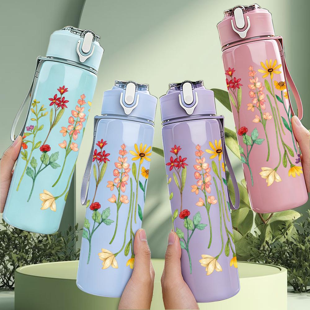 1PC Wildflower Meadow 750ml Color Plastic Sports Water Bottle Leakproof Flip Straw Lid Suitable for Sports Office Home Use