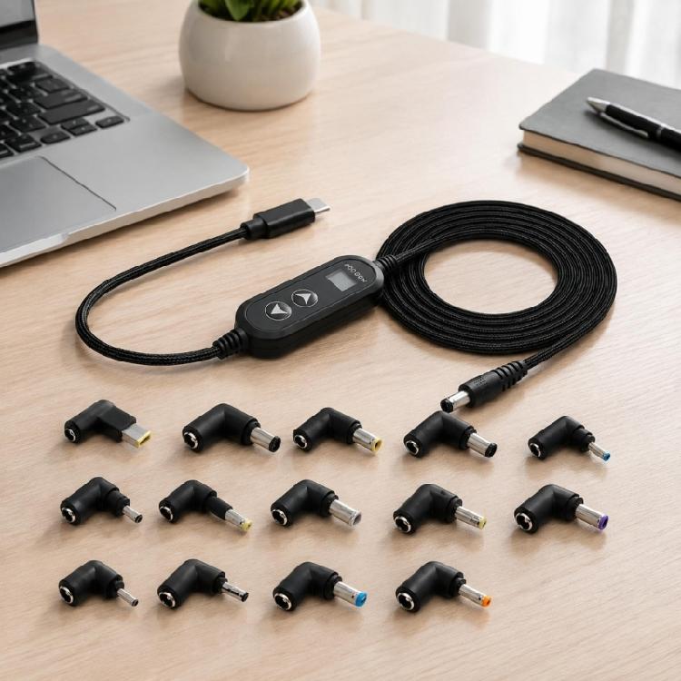 Adjustable DC5525 Output Cable for USB C PD Sources, 5V-20V Selection Display, 14 Right-Angle Barrels Tips and Braided 1.28 M Cable