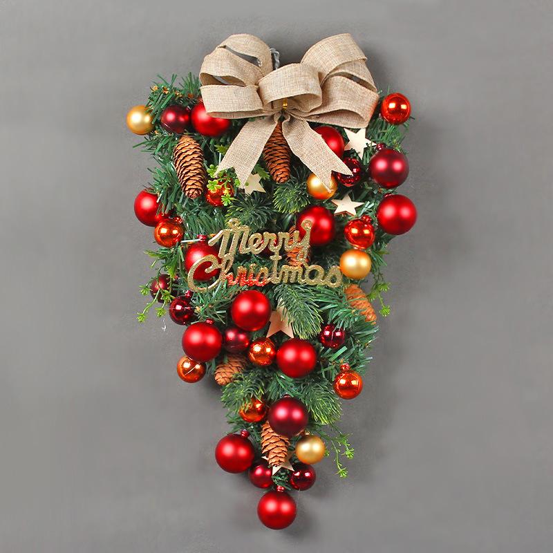 Christmas Teardrop Door Swag, Upside Down Hanging Wreath with Burlap Bow, Xmas Balls & Pine Cones, Farmhouse Front Door Holiday Wall Decor