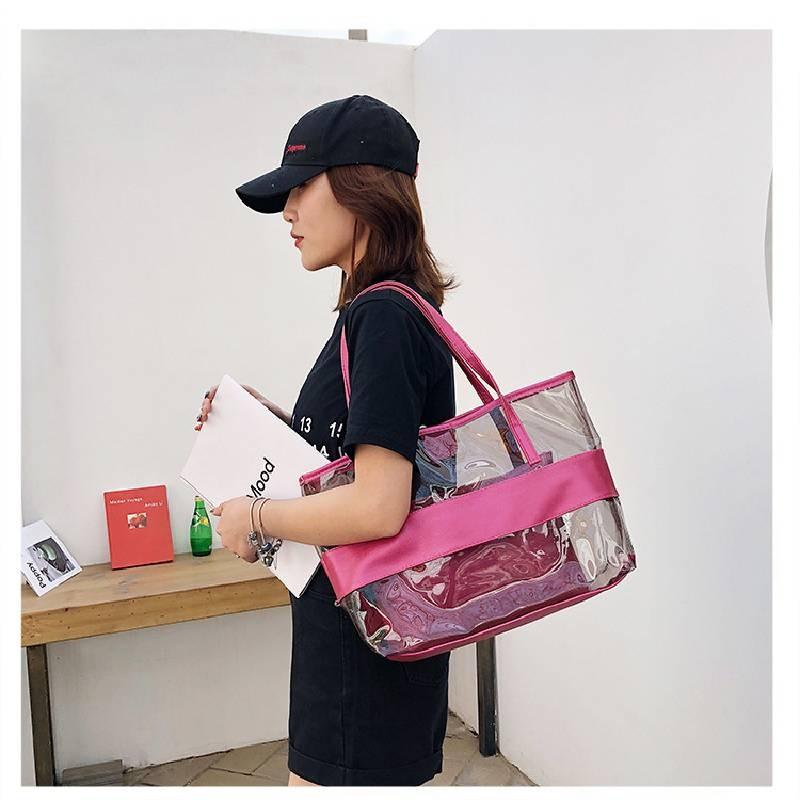 Stylish Pvc Transparent Jelly Beach Bag Waterproof Shoulder Bag In Rose Red Blue Gold Brown