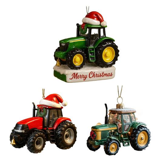 1/3Pcs Christmas Pendant Tractor Wearing Xmas Hat Charm Ornament Snowy Roof Farmhouse Holiday Style Hanging Ornament