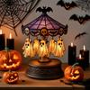 Gotycka Dekoracja Pokoju Duch Karuzela Światło, Noc Halloweenowa Witrażowy Abażur Straszna Lampa Stołowa z Pływającymi Duchami/Dyniami, Upiorna Lampa