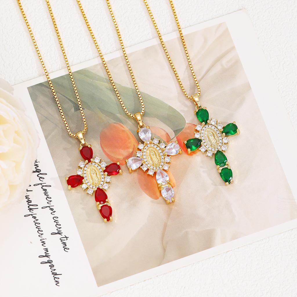 Roestvrij Staal Ketting Grote Meerkleurige Kristallen Kruis Hanger Ketting Koper Goud Verguld Maagd Maria Sieraden Cadeau