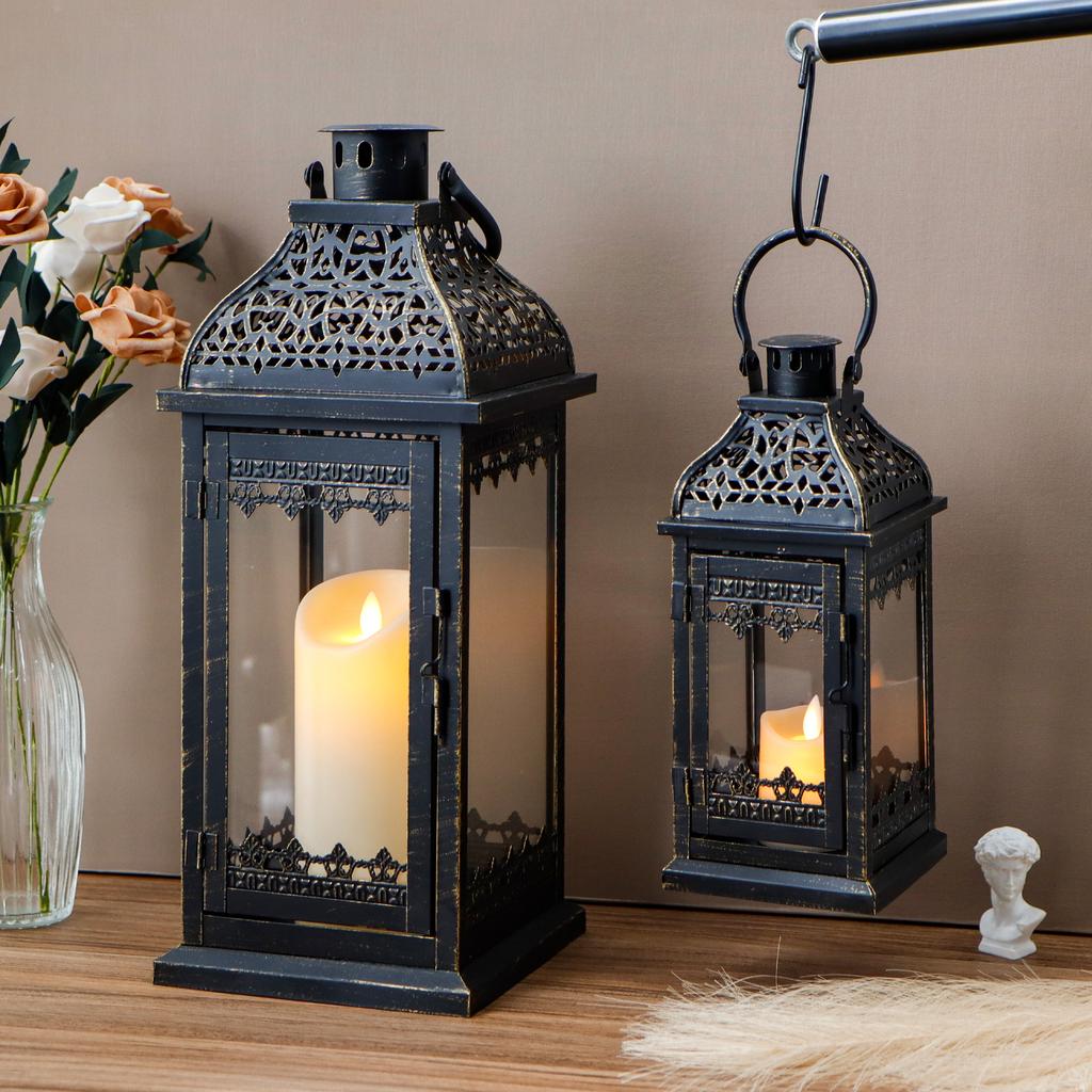 Set of Two Black Metal Lantern with Hanging Top Candle Lantern for Home Decor