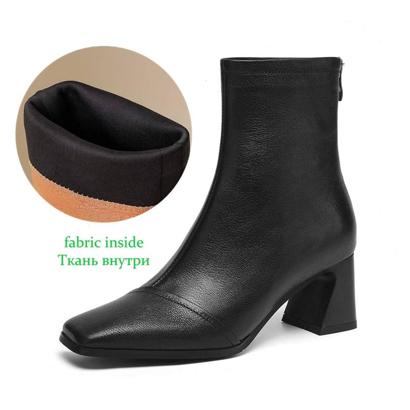 Krazing Pot Sheepskin Winter Square Toe Modern Boots Thick High Heels Zipper Women Ankle Boots