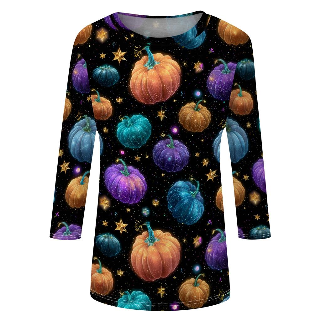 Women's Halloween Print Shirt 3/4 Sleeve Round Neck Loose Fit Casual Blouse Top Comfortable Everyday Wear