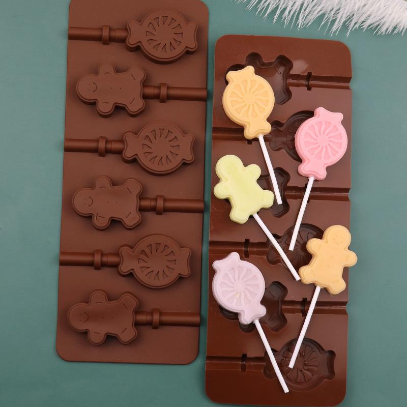 6 Hole Cute Gingerbread Man Candy Silicone Lollipop Mold Food Grade Chocolate Molds DIY Cake Pastry Decor Kitchen baking tools