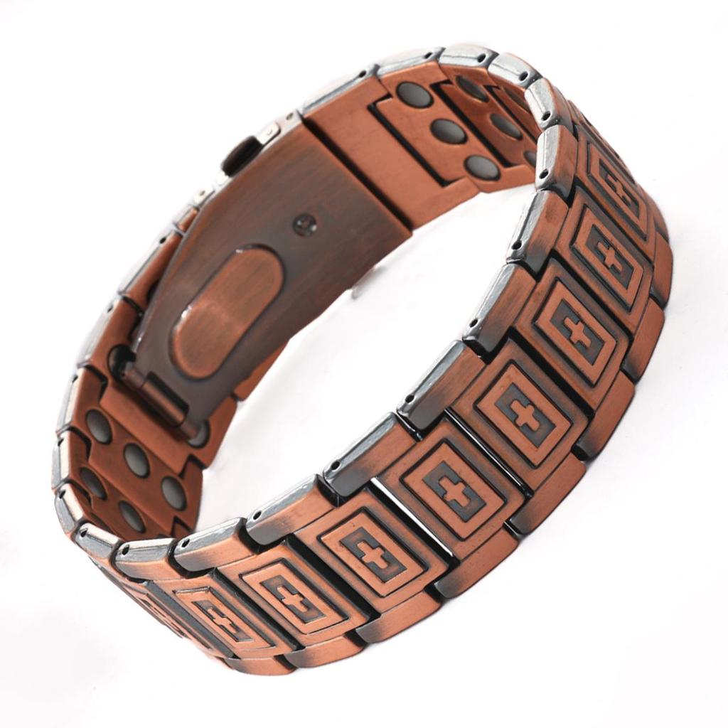 Cross Explosion: Ancient Red Copper Shield Magnet Bracelet with Wide Watch Strap Buckle for Men.