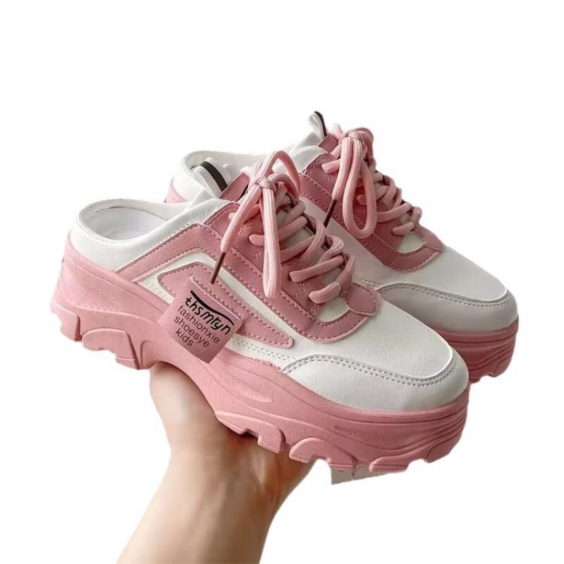 Fashion Women's Half Slippers PU Leather Breathable Womens Sneakers Platform Loafers Lace-up Shoes Outdoor Casual Shoes