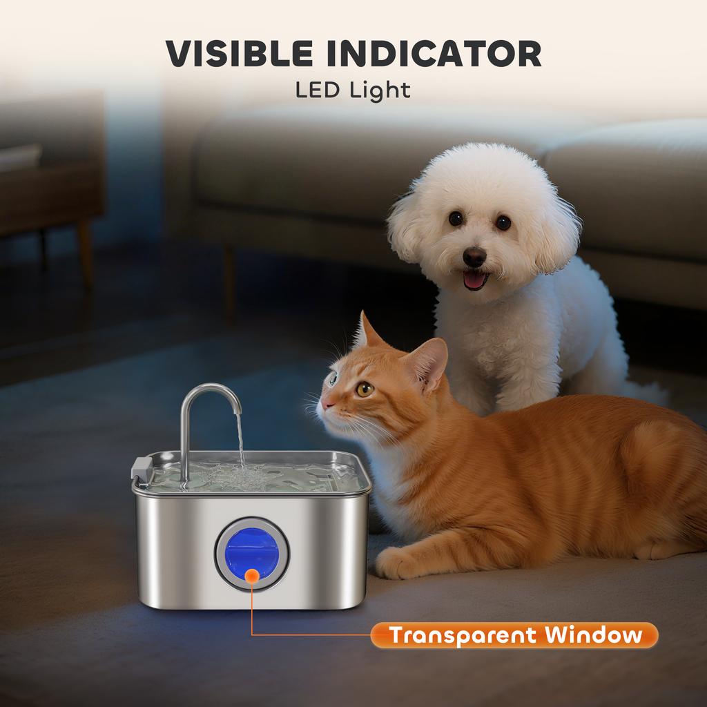 3.2 L Cat Water Fountain For Drinking Cat Fountain Stainless Steel With Visible Water Level Window Ultra Silent Pump