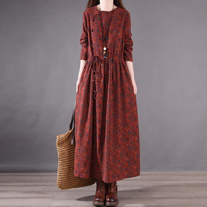 Cotton and Linen Dress Spring Autumn Style Printed Long-sleeved Slimming Retro Floral Temperament Casual Long Skirt
