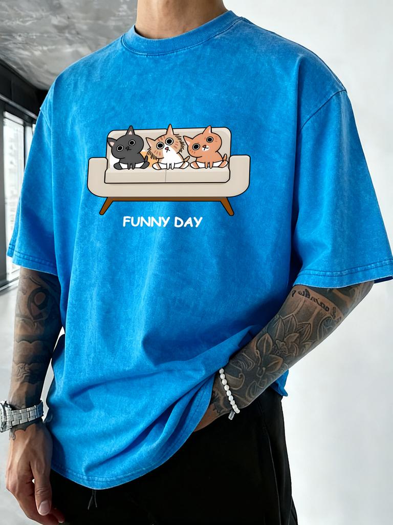 Funny Day Relaxed Cat Pattern Washed TShirt Men Summer Vacation Clothing Casual Crewneck Tee Shirts Oversize Cotton Streetwear