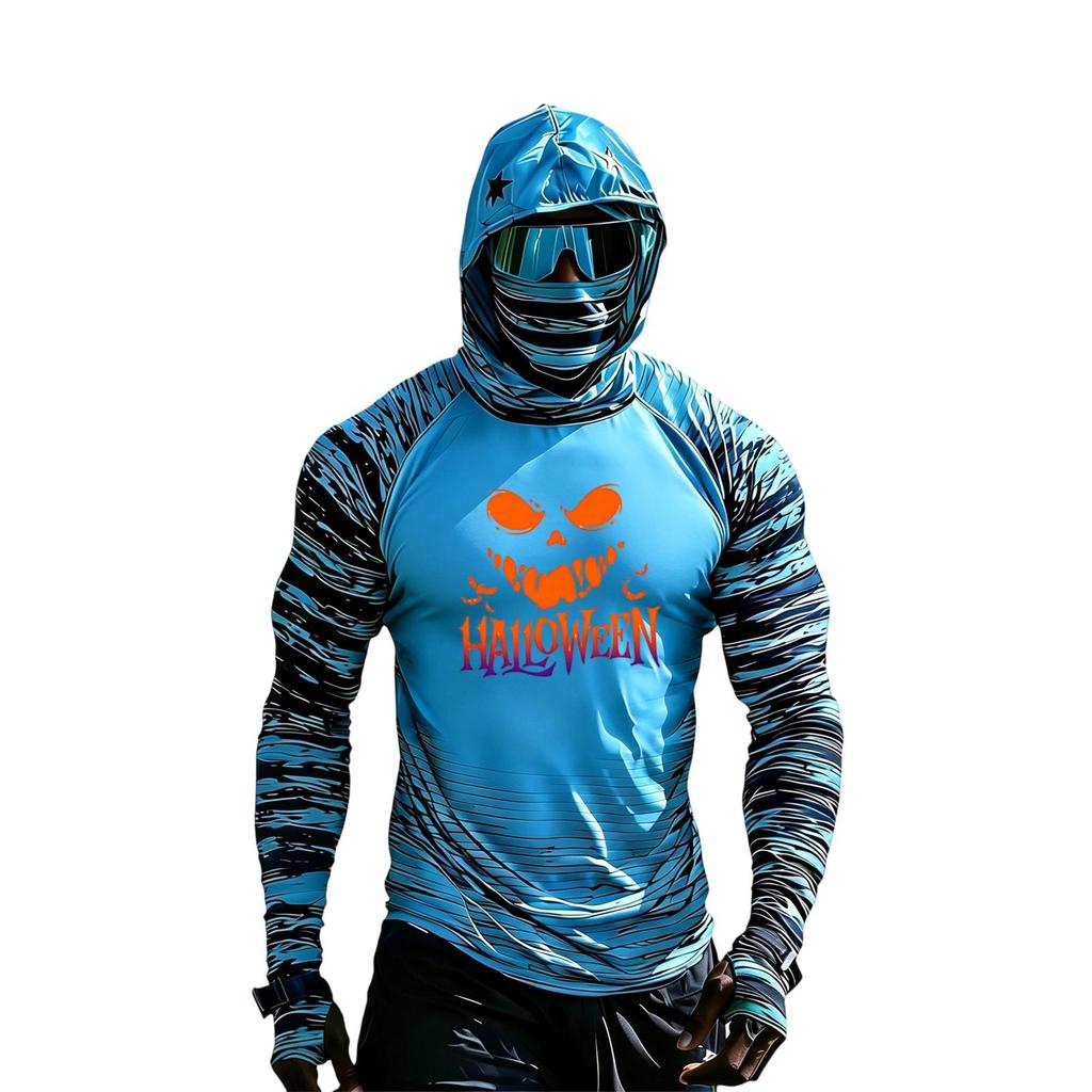 Men's Casual Raglan Color-Block Hooded Long Sleeve Sun T-Shirt with Halloween Print (Sunglasses Not Included)