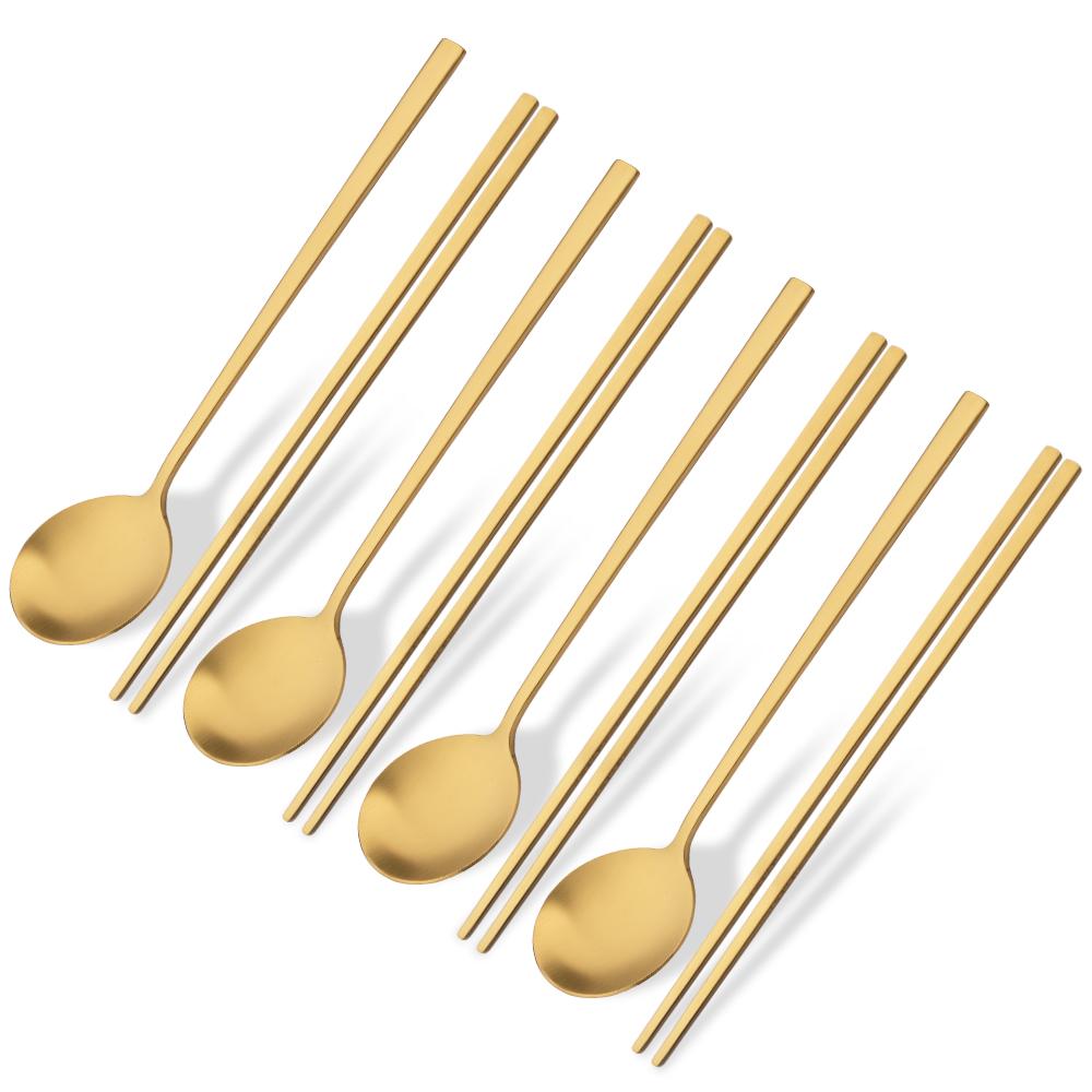 Matná sada příborů z nerezové oceli Sushi tyčinky Večeřové lžíce Sada 8 ks Nádobí Korejské hůlky Dezertní lžíce Sada příborů