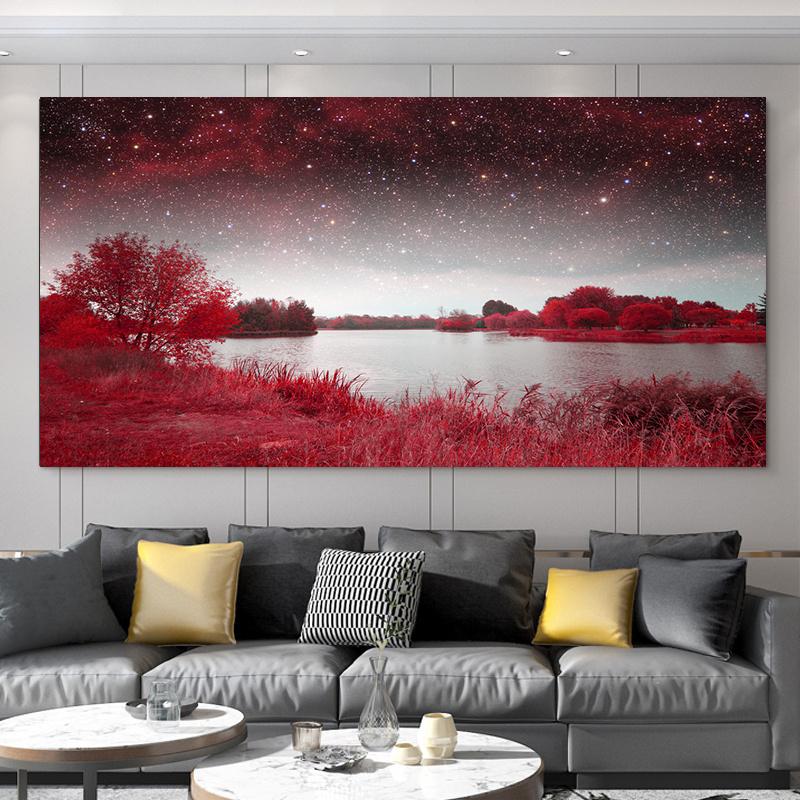 Lacuri și copaci roșii moderni sub cerul înstelat pictură pe pânză peisaj roșu pentru birou, sufragerie, artă de perete, decor Cuadros