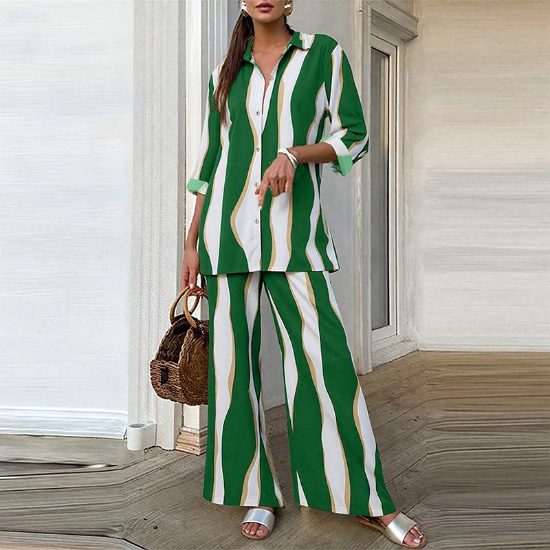 ZANZEA Women Long Sleeve Blouse and Pants Casual Print Two Piece Suit Sets