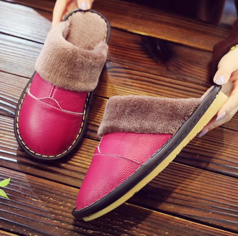 Winter Fleece Warm Puff Slippers Cow Split Leather Unisex Slippers Slip On Soft Bedroom Indoor Flats Men Women Padded Warm Slippers Shoes