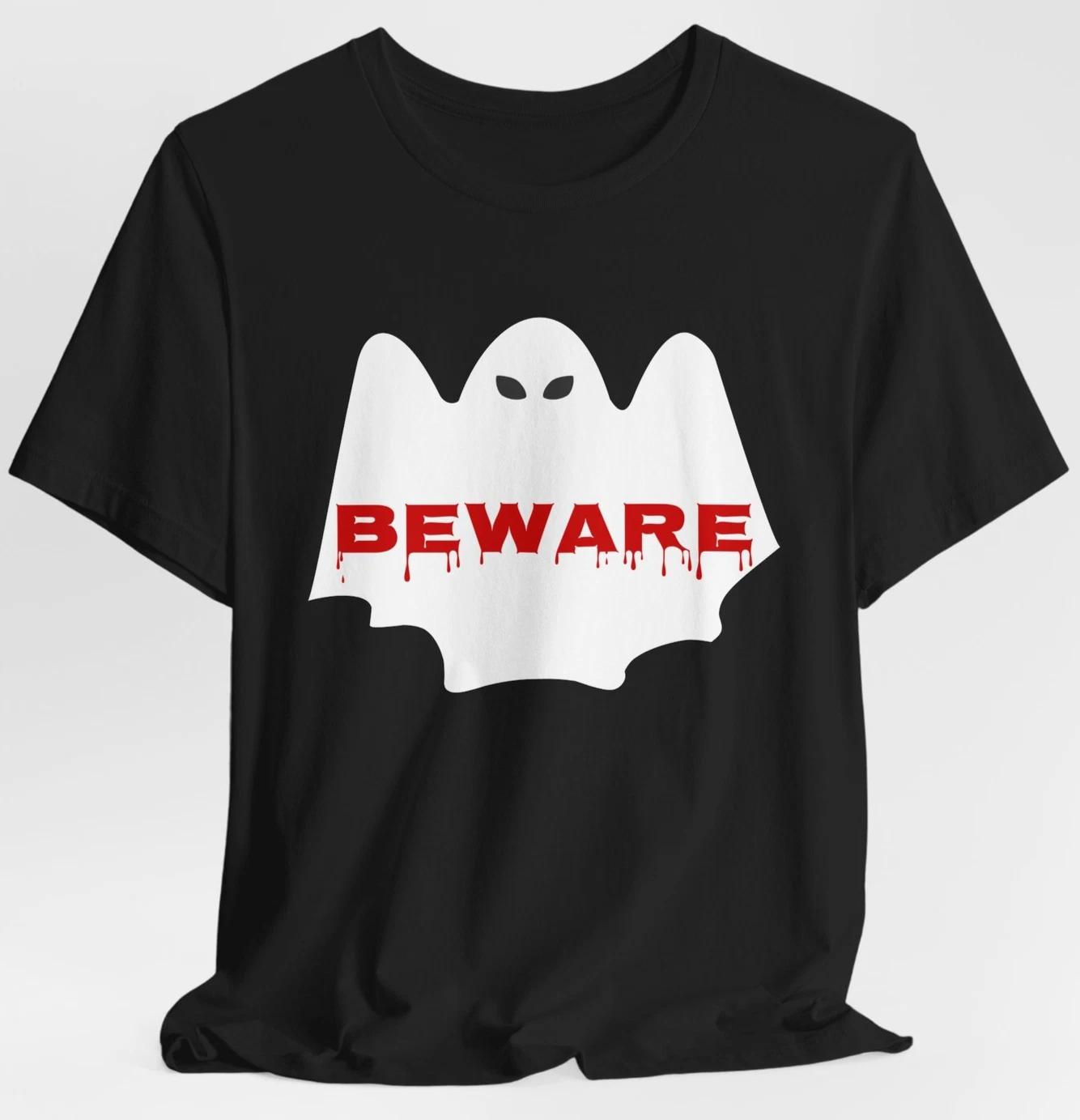 Beware Ghost T-Shirt Scary Halloween Graphic Tee Spooky Horror Party Shirt L