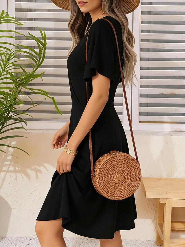 Women's Floral V-Neck A-Line Wrap Dress - Short Sleeve, Summer Style