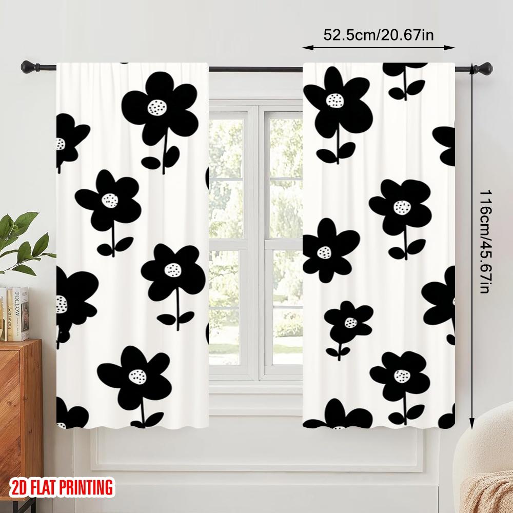 2pcs,2D plane printing Minimalist Curtains Black Floral Silhouette Design Versatile Durable Polyester (without rod) Room Decor