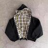 Sudadera Gris con Capucha y Cremallera con Forro de Camisa a Cuadros Aspecto en Capas