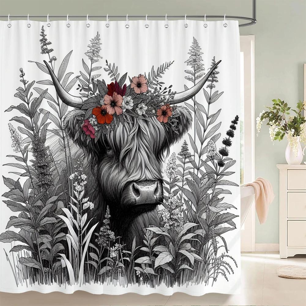 Watercolor Plants And Highland Cow Animal Shower Curtain Print Polyester Waterproof Bathroom Curtains With Hook Decorate Curtain