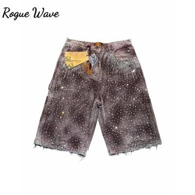 Pantalones Cortos RogueWave Streetwear Y2K Hombre Mujer Gótico Hip Hop Pedrería Lentejuelas Retro Anchos Jeans Denim Pantalones Cortos de Gimnasio Cintura Alta Pantalones Cortos Casuales