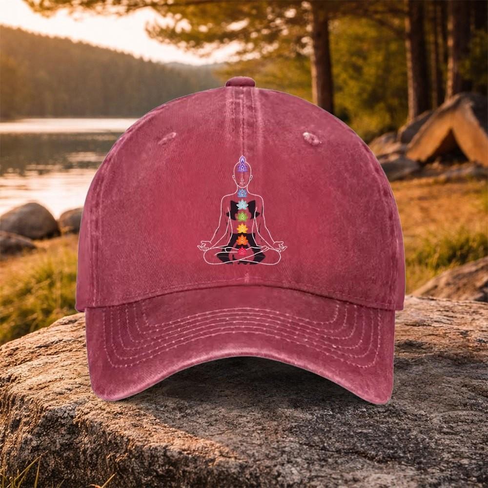 Chakra Meditation Graphic Washed Baseball Cap Adjustable Cotton Outdoor Unisex Daily Wear Cap