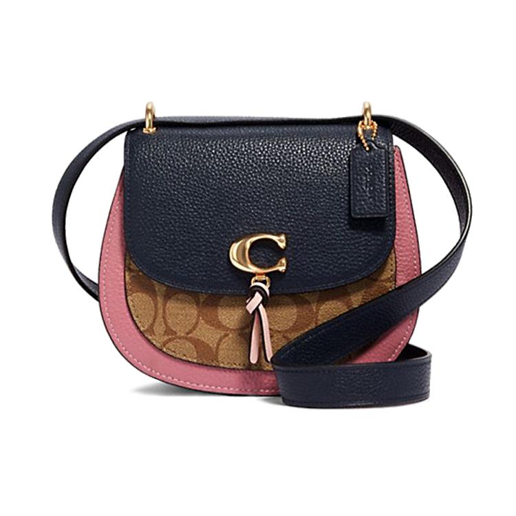 

New COACH Remi Multicolor Leather Saddle Bag, Crossbody Bag, Shoulder Bag Women s Khaki & Midnight Blue 2316-IMR34 20.1*7.6*17.0CM