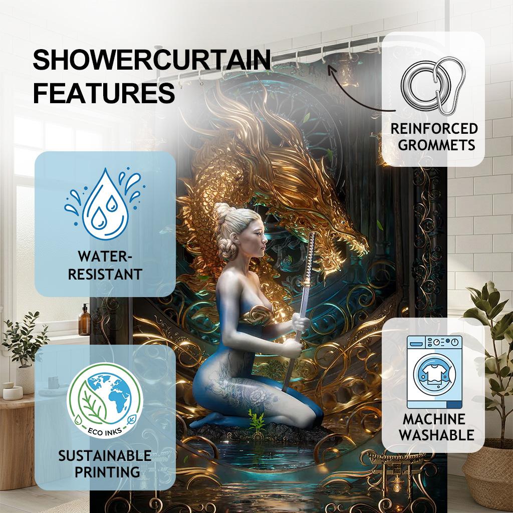 Golden Dragon Goddess Shower Curtain - Creative Fantasy Warrior Art Design - Indoor Home Bathroom Decor Aesthetic Bath Curtain