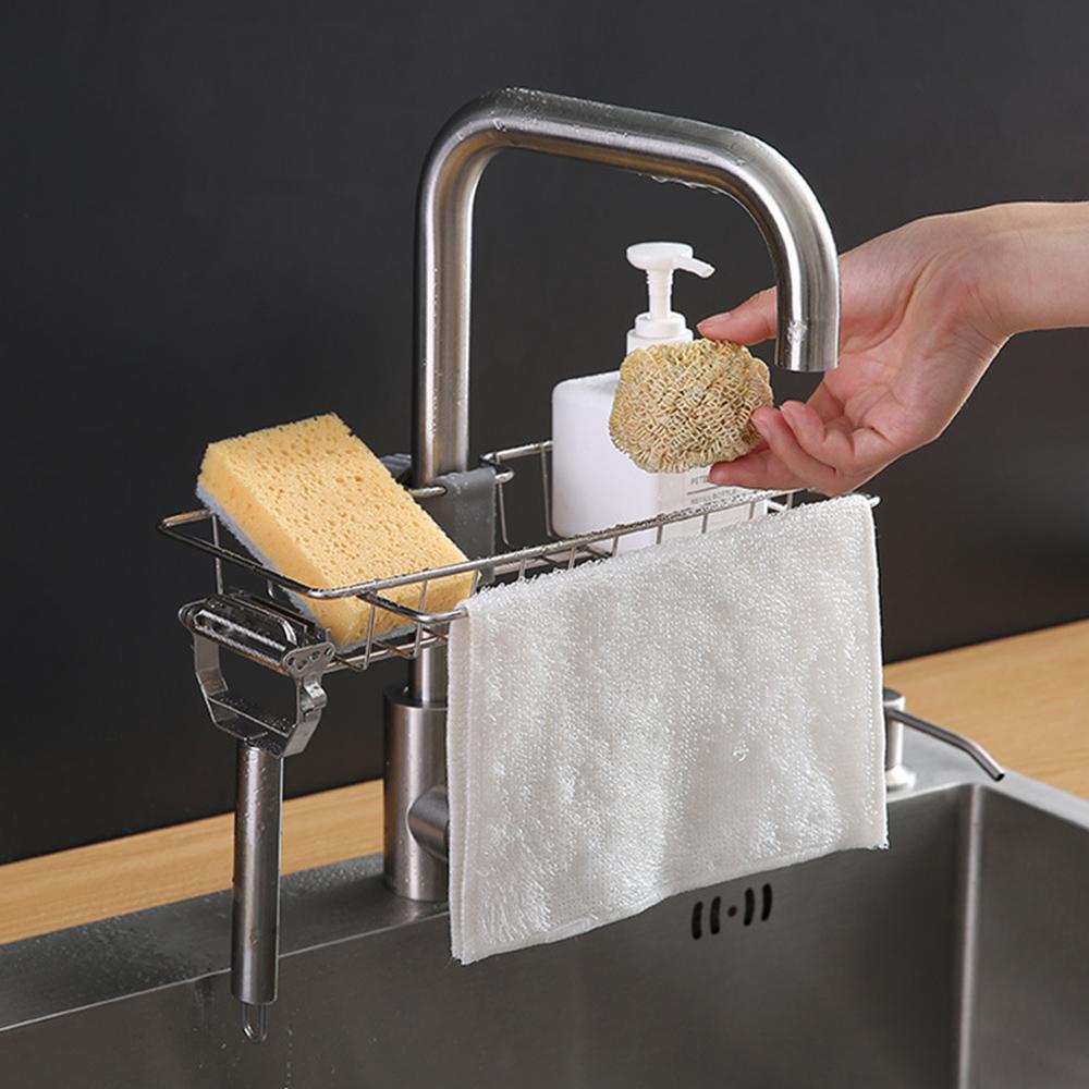 1pcs Stainless Steel Kitchen Sink Faucet Storage Racks Bathroom Adjustable Rag Sponge Draining Rack Shelves