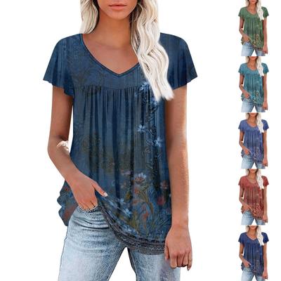 Women's Tunic Tops Elegant Casual Summer Short Sleeve Shirts Floral Loose Pleated Bohemian Tops