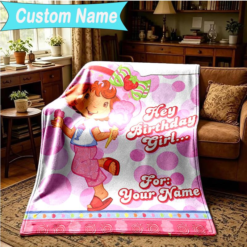 1PC Custom Name Blanket Straw-berry Sweet Moment Flannel blankets Patterns Throw Blanket All-Season Soft Gift for Couch, Bed, Camping, Birthday gifts