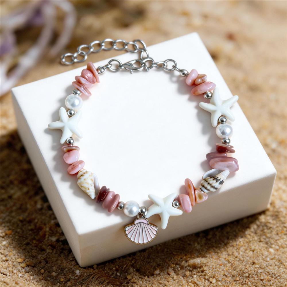 Holiday Charm Female Pink Green Purple Rainbow Stone Starfish Shell Adjustable Bracelet Silver Color Wedding Jewelry For Women
